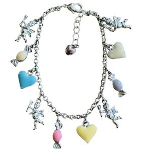 VTG Avon Cupid and Hearts Charm Bracelet Candy Angel Colorful Pastels Dangle